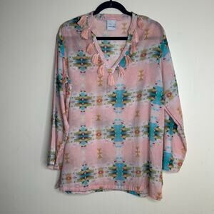 Laura Park Annie Selkie Tunic Top Tassel Detail Pink Ikat Cotton size M/L